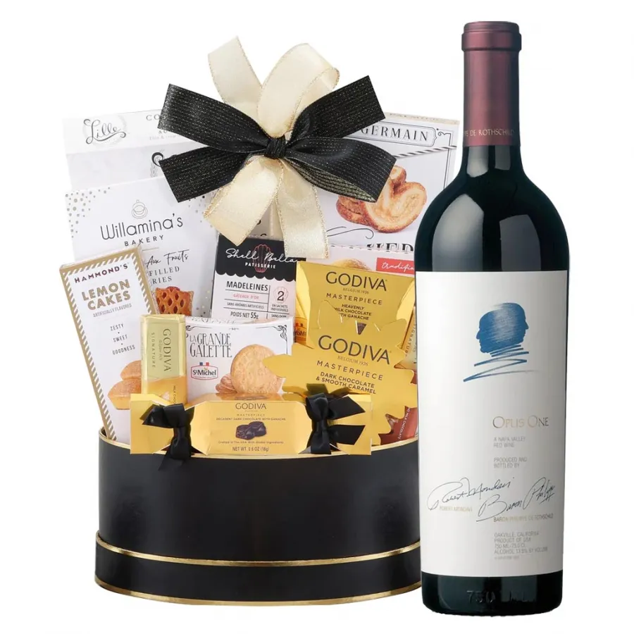 Opus One Red Wine And Godiva Black & Gold Celebration Gift Basket